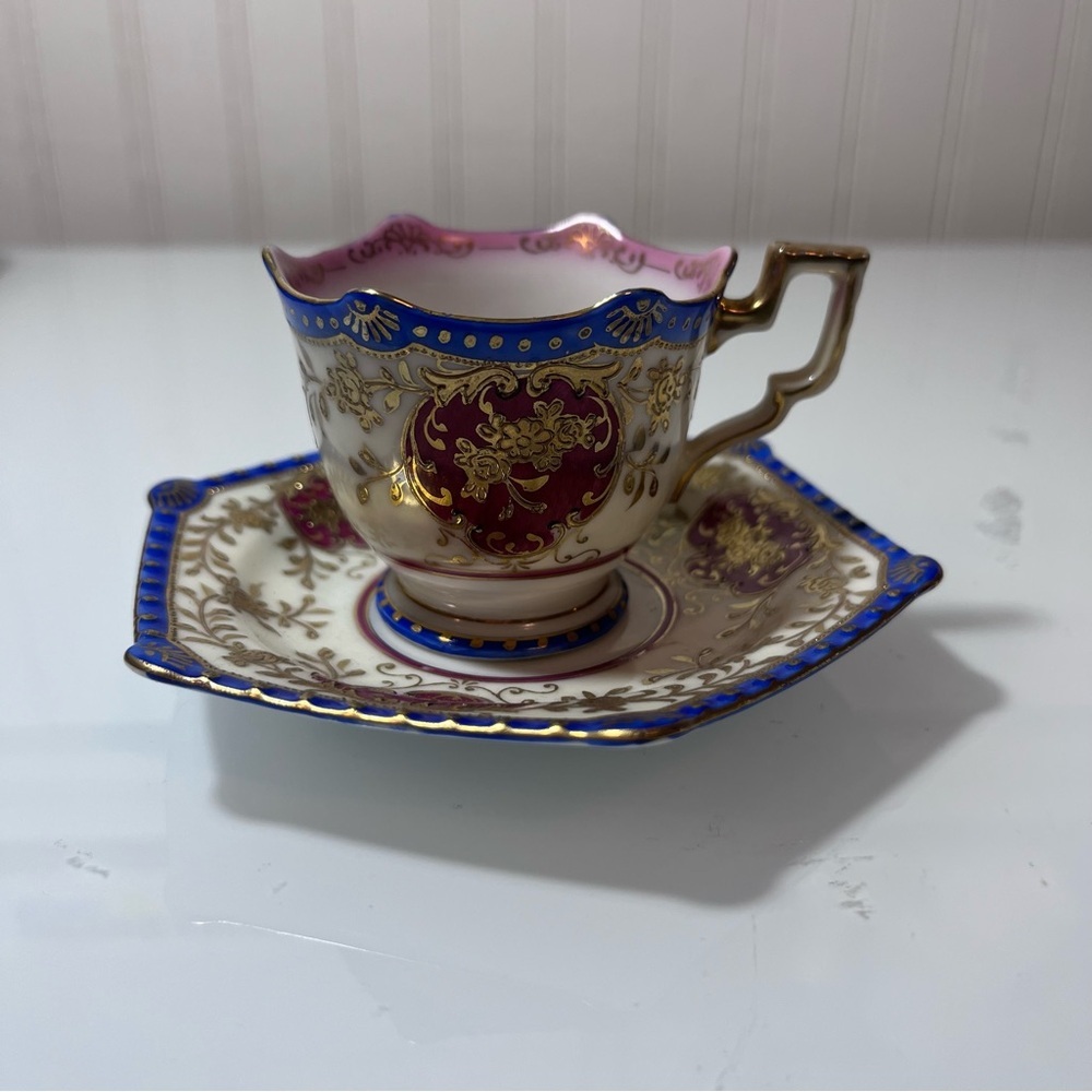 Japanese Ornate Gilt Porcelain Tea Cup & Saucer - Pink, Blue, Gold miniature - Picture 10 of 10